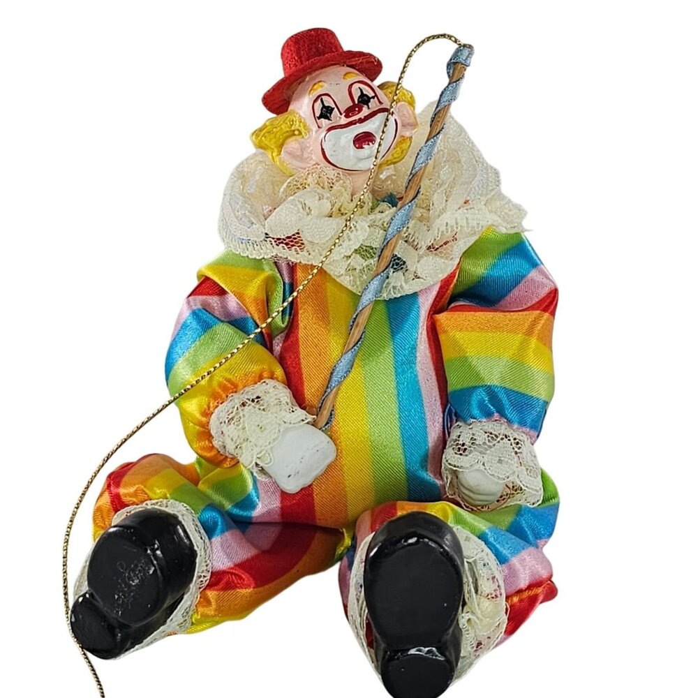 Vintage Victoria Impex Clown Doll In Colorful Striped Outfit & Red Hat